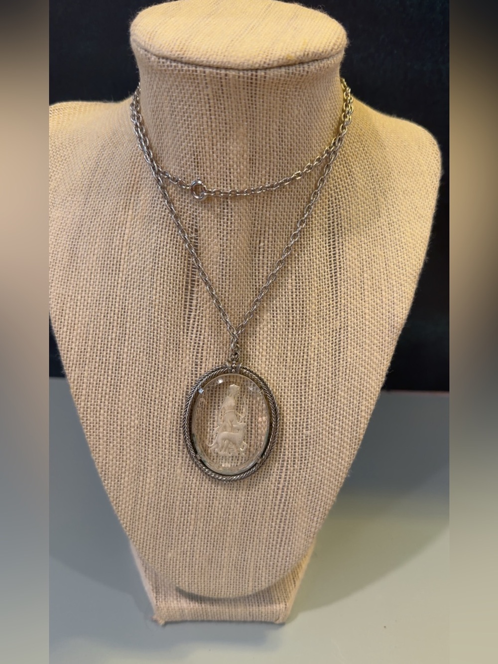 Vintage AVON 24 in silver clear crystal intaglio pendant necklace without box.
